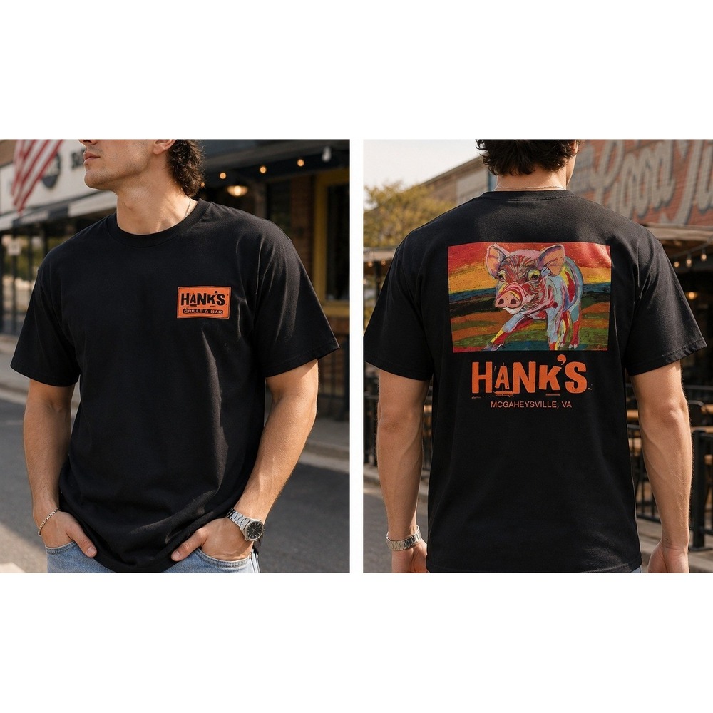 Gildan Hank's Grille & Bar McGaheysville VA Pig Graphic T-Shirt Black Mens L